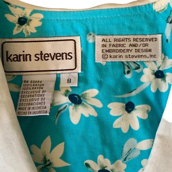 Vintage 80s KARIN STEVENS Blue Daisy Blouson Dress Bib Collar Cottagecore Size 8 - Picture 7 of 9